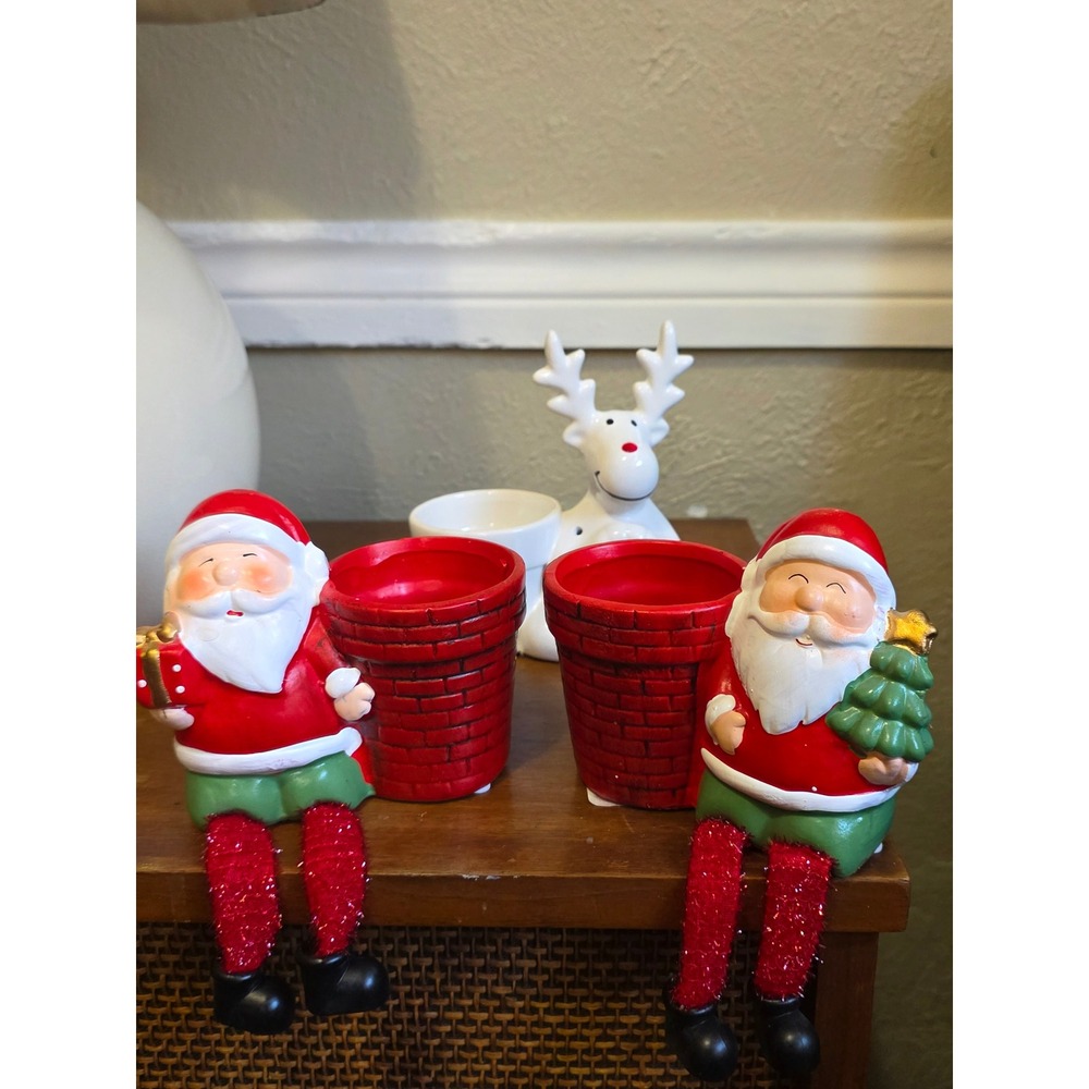 Christmas Ceramic Planter Set 3pc Santa Claus Chimney White Reindeer Star Cutout